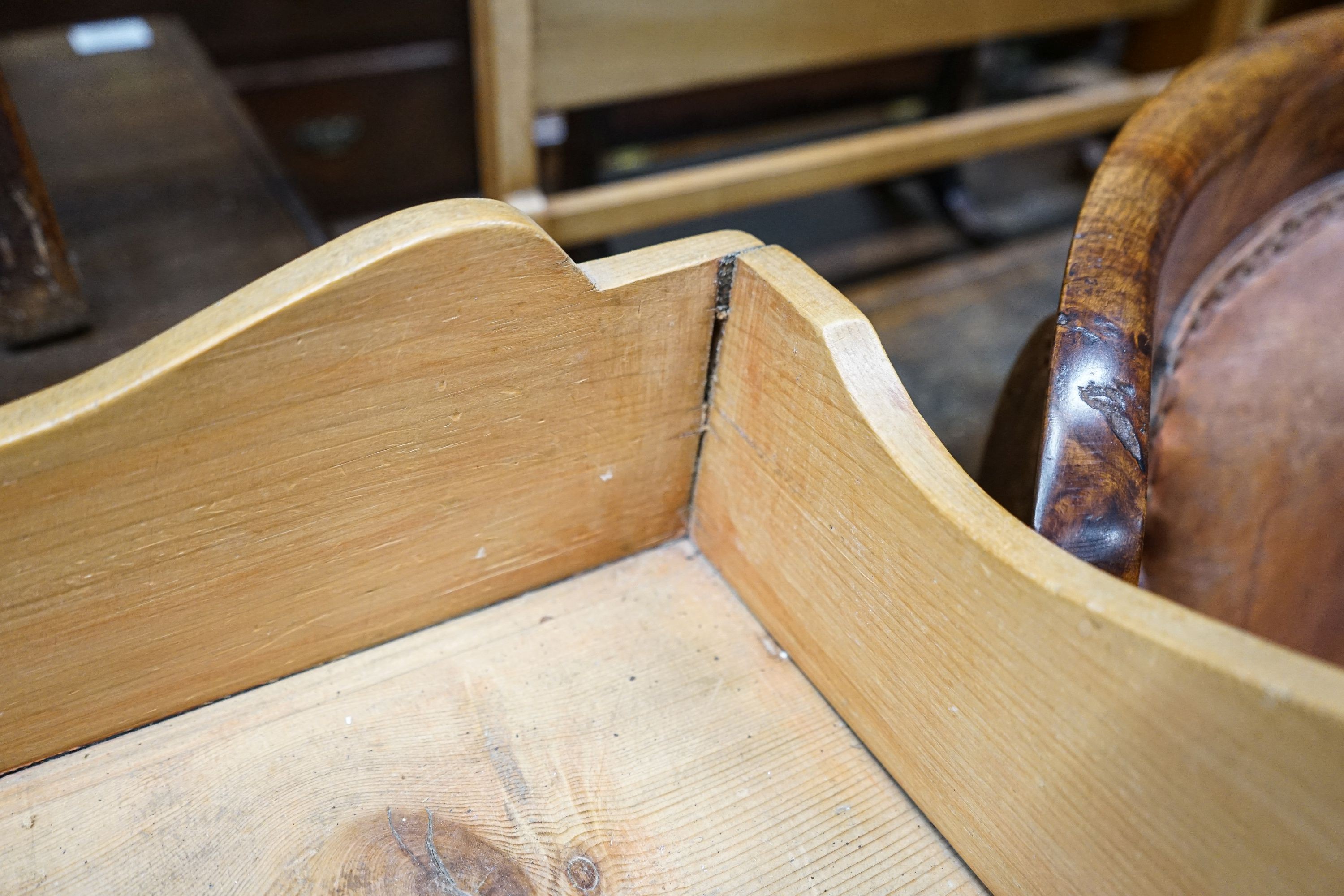 A Victorian pine chest, with three quarter gallery, four drawers and turned feet, width 96cm, depth 44cm, height 99cm